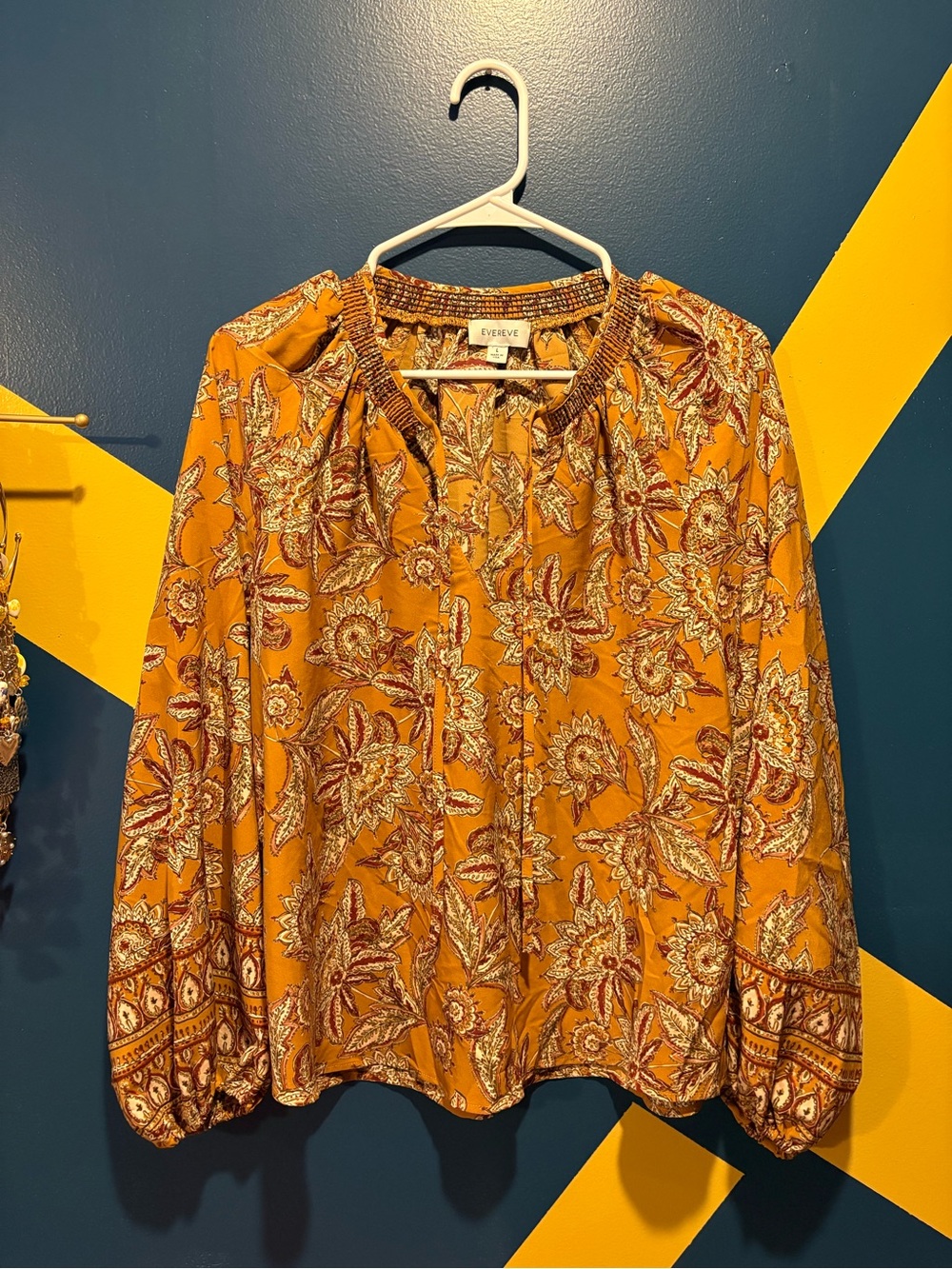 Evereve Mustard Boho Print V-Neck Balloon Sleeve Blouse NWOT